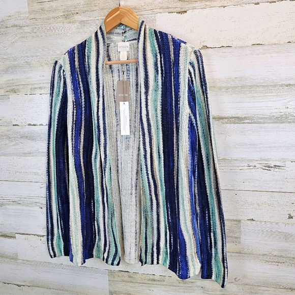 NWT Chico's Boho Linen Broken Stripe Cocoon Sweater Cardigan Medium Blue Cozy - Picture 9 of 16